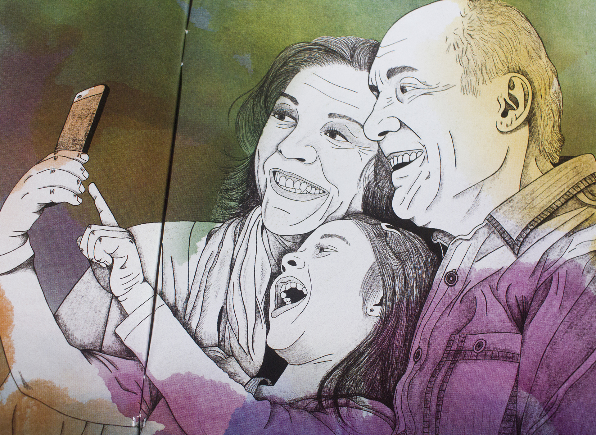 Stop edadismo ilustración familia haciendo un selfie